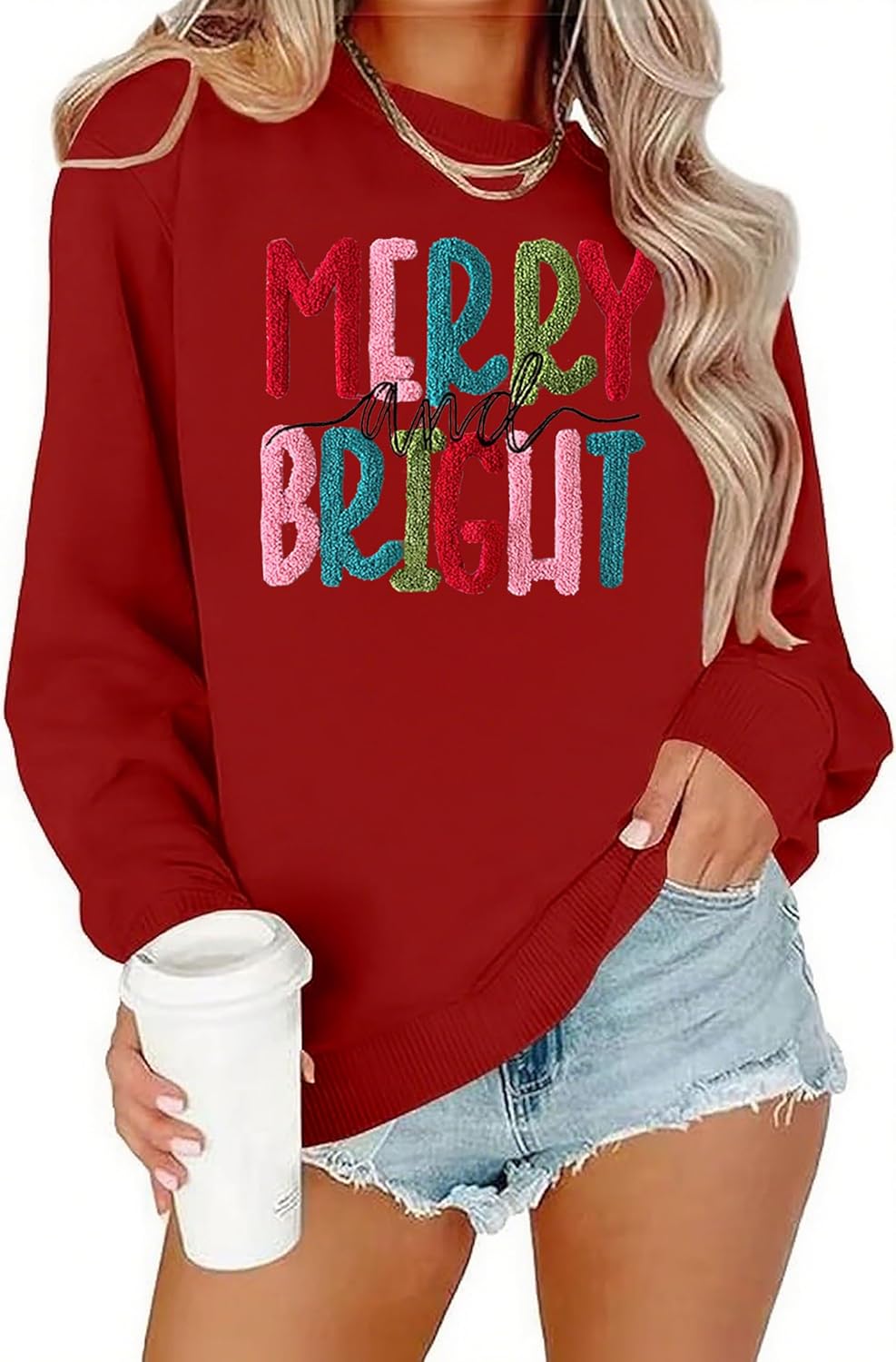 Merry Christmas Sweatshirts Women Merry And Bright Christmas Pullover Top Chenille Patch Letter Printed Xmas Gifts Top