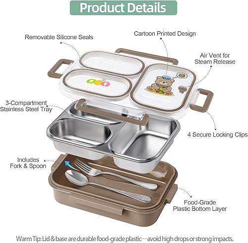 Miniatura 5 de Lonchera Bento de acero inoxidable para niños, 26.4 onzas, a prueba de fugas, 3 compartimentos, caja Bento de metal, sin BPA, lindo recipiente de