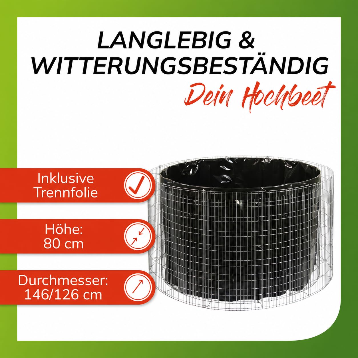 bellissa - Gabionen-Hochbeet rund Durchmesser 146cm außen 126cm innen, Höhe 80 cm - Feinmaschige Gabionenkörbe befüllbar - Witterungsbeständiges Gabionen-Hochbeet - DIY-Bausatz inkl. Trennfolie (L)