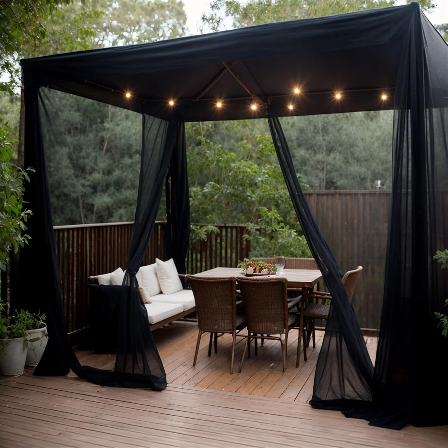 SK Studio Black Outdoor Sheer Curtains for Patio Waterproof 2 Panels Sheer Curtains Privacy Mesh Net Outside Curtains Rod Pocket for Gazebo, Porch, Pergola, 125W x 120L