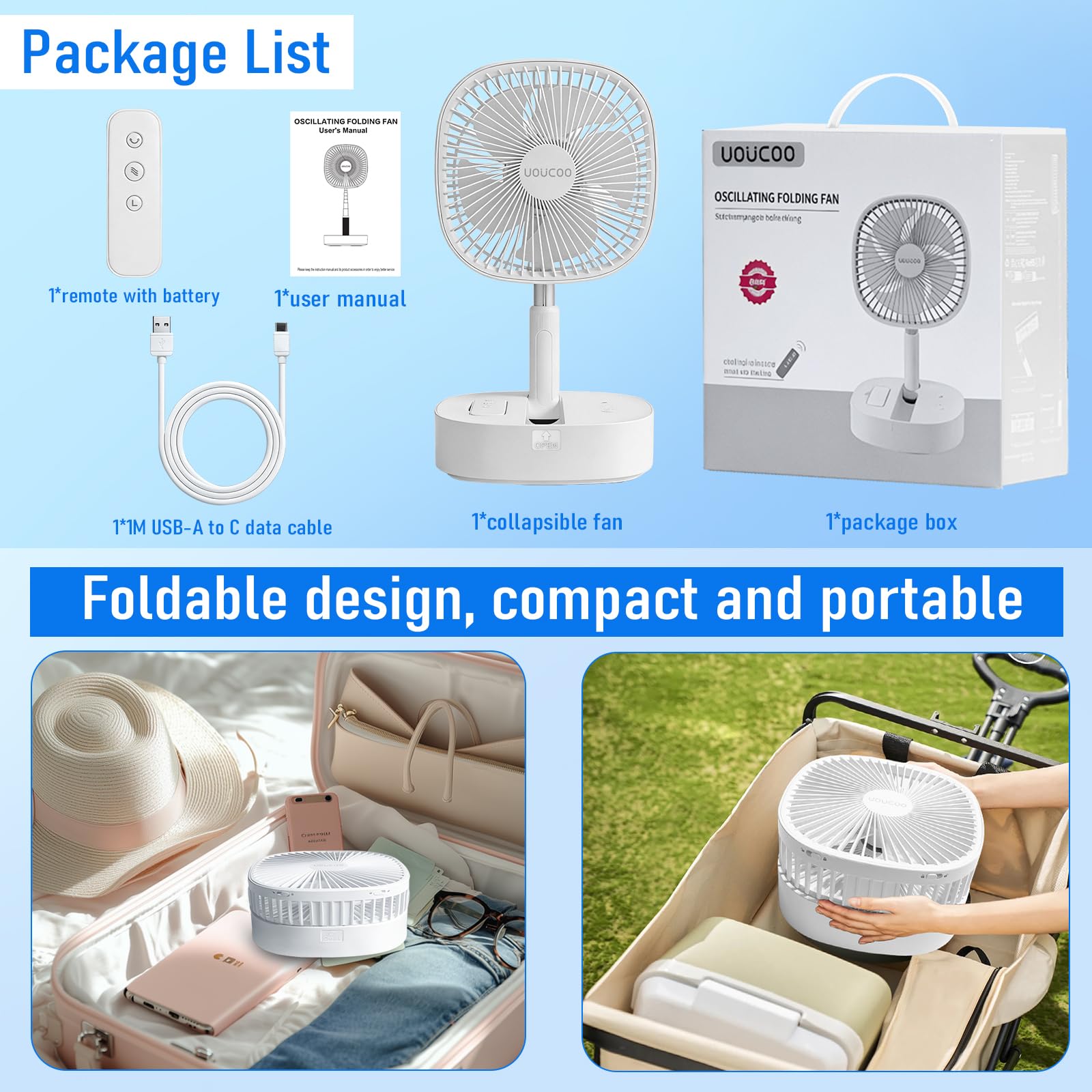 Tragbarer Oszillierender Ventilator, 22,9 cm, zusammenklappbar, mit wiederaufladbarem 7200 mAh Akku, USB-betriebener Bodenventilator, höhenverstellbar, 4 Geschwindigkeiten, leise, inkl
