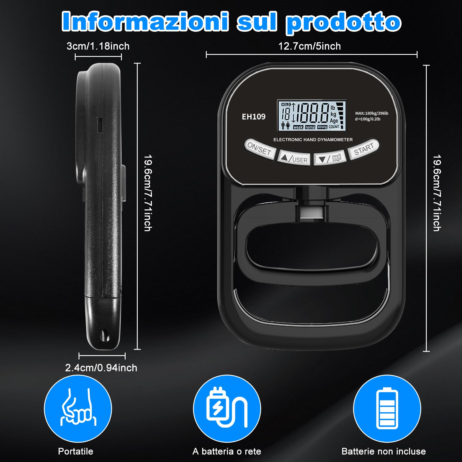 Dinamometro Digitale per Afferrare, 396 lbs/180 kg, Dinamometrica Manuale con Display LCD, Dinamometro Addestramento Afferrare Nero, con Cavo di Ricarica USB, con 19 Gruppi di Registrazione