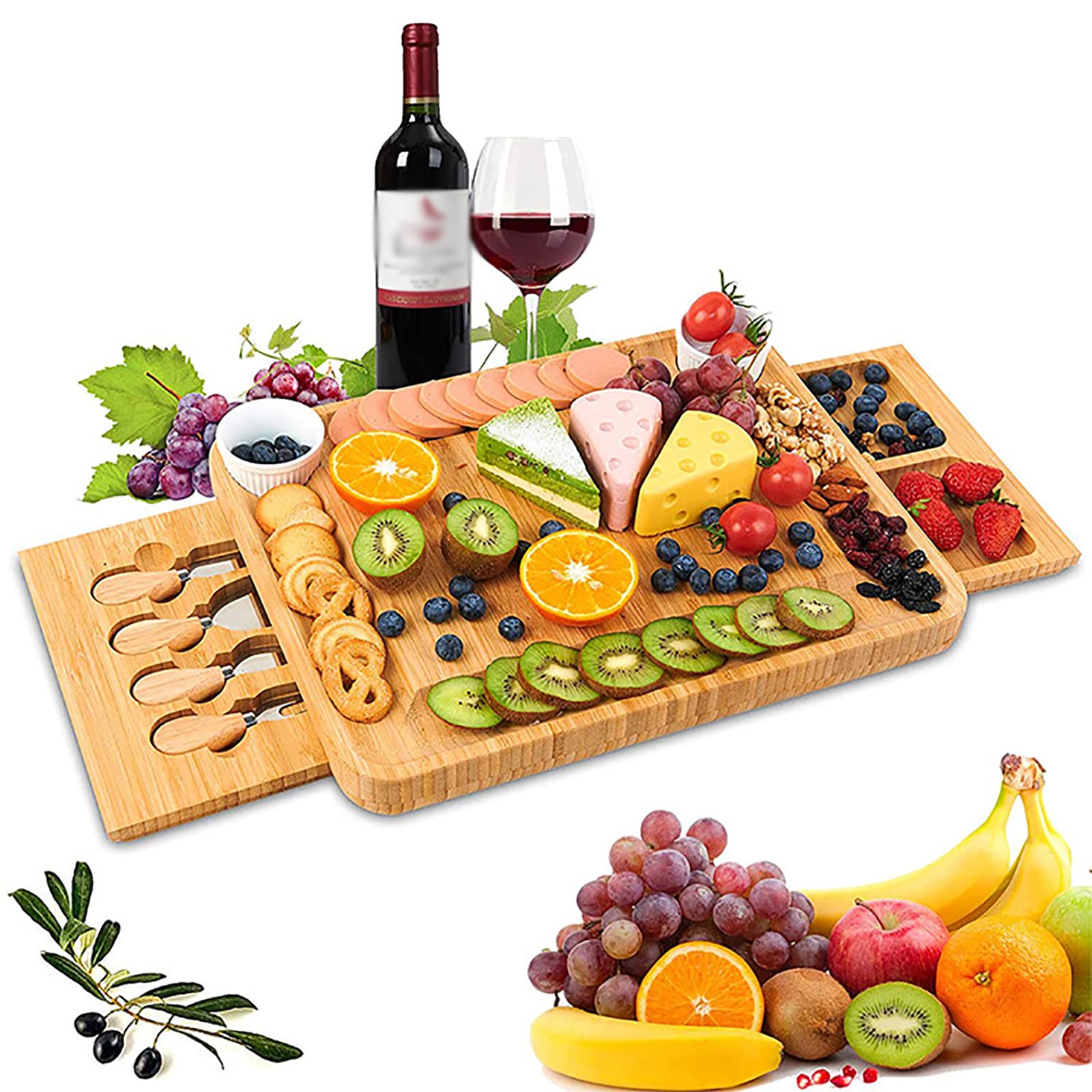 Plateau À Fromage Double En Bambou Unique, Coffret Cadeau Plateau À Fromage Avec 2 Compartiments Intégrés, Extrêmement Durable Et Sans Gâchis, Idéal Pour Les Anniversaires, Les Cadeaux De Mariage