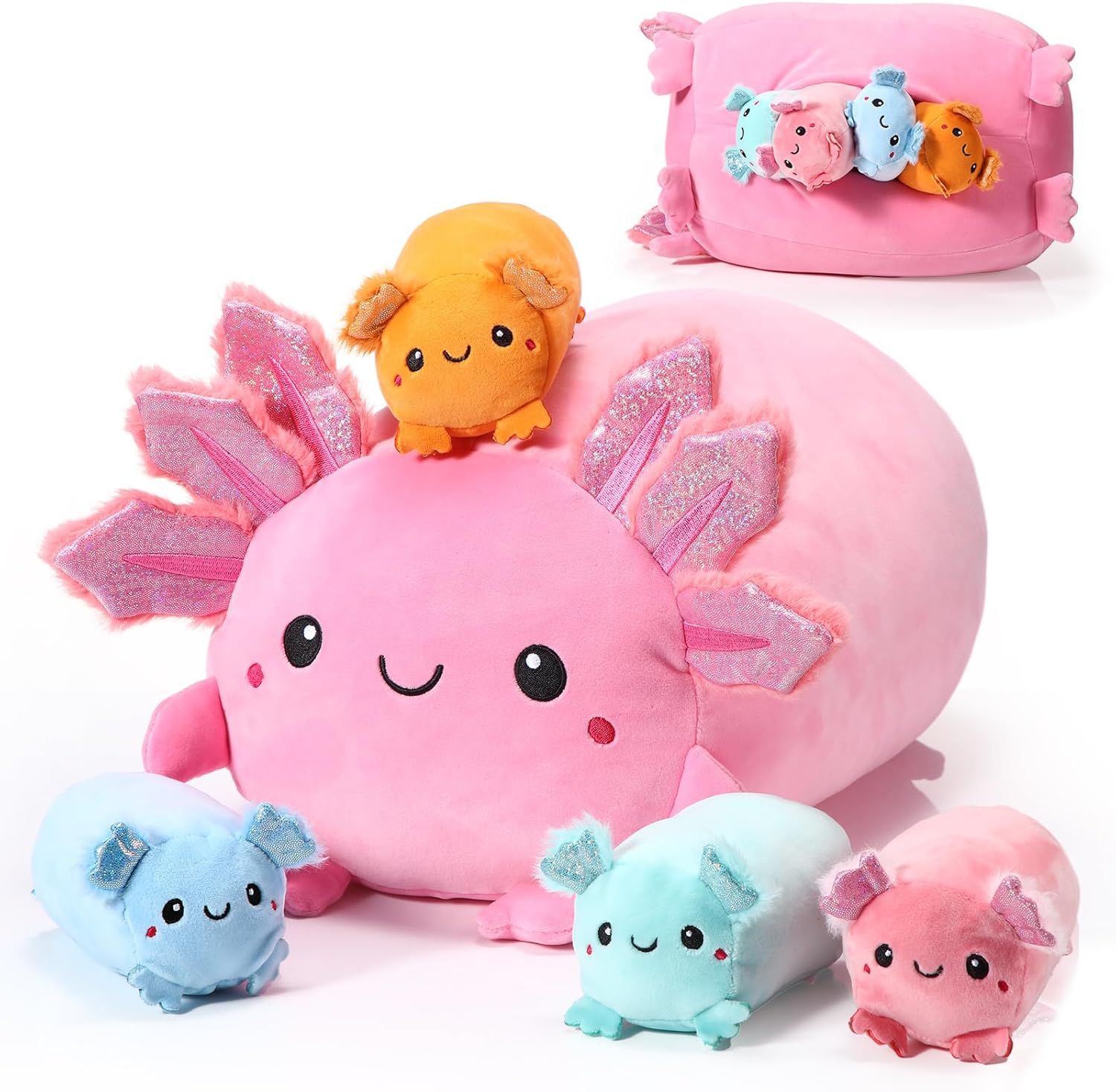 Aoriher 5 Pcs Kawaii Axolotl Stuffed Animal Cute 14 Inch Mom Axolotl with 4.72 in Mini Stuffed Throw Pillow for Adults Easter Birthday Gift