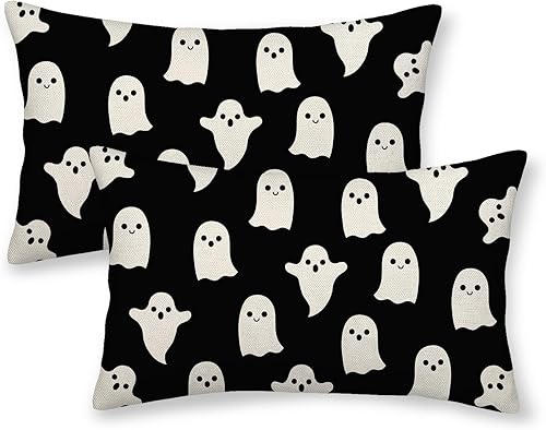 Juego de 2 fundas de almohada decorativas de Halloween de 16 x 16 pulgadas, juego de 2 bonitas fundas de almohada de fantasma negro para decoración