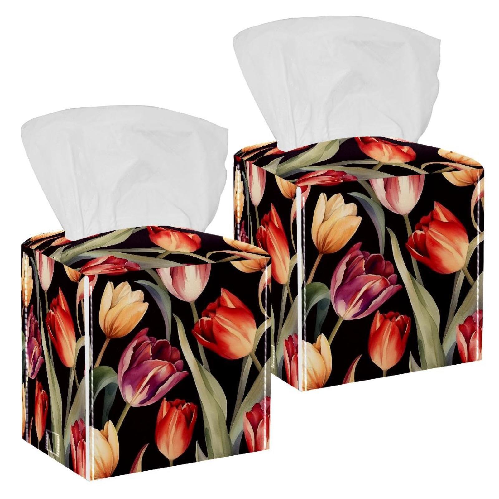 Pretty Tulip Tissue Box Cover, 2 Pack PU Leather Square Facial Tissue Dispenser Box holder for Home Office Car