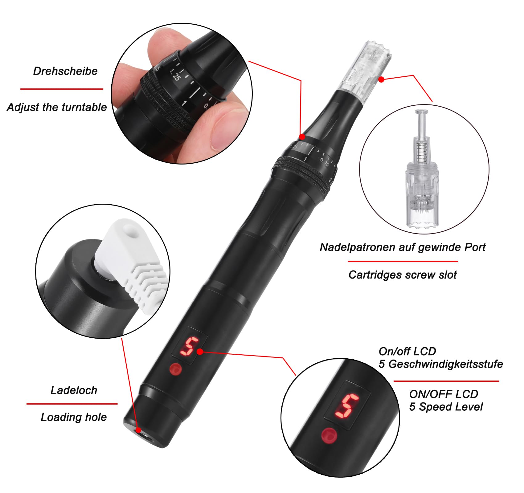 2IN1 Face Derma Rmaroller Rmapen +12Parts Titanium Facial Skin Face Body for Men Women Cosmetic Beauty Instrument #Roller+Pen(Black 2)