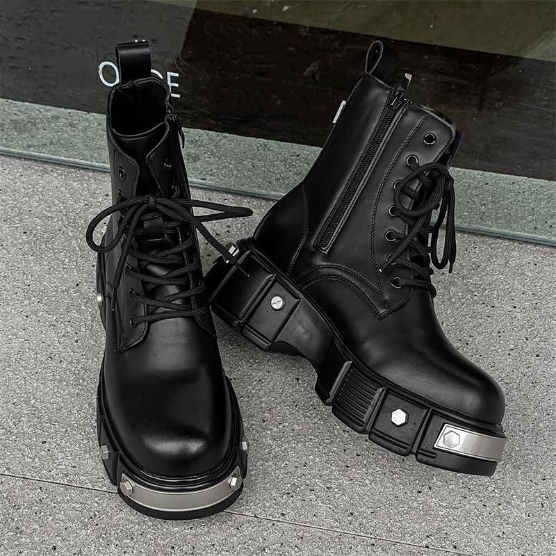 Men's Black Platform Ankle Goth Boots Lace up Side Zip Lug Sole Combat Booties Punk Motorcycle Boots Gothic Shoes