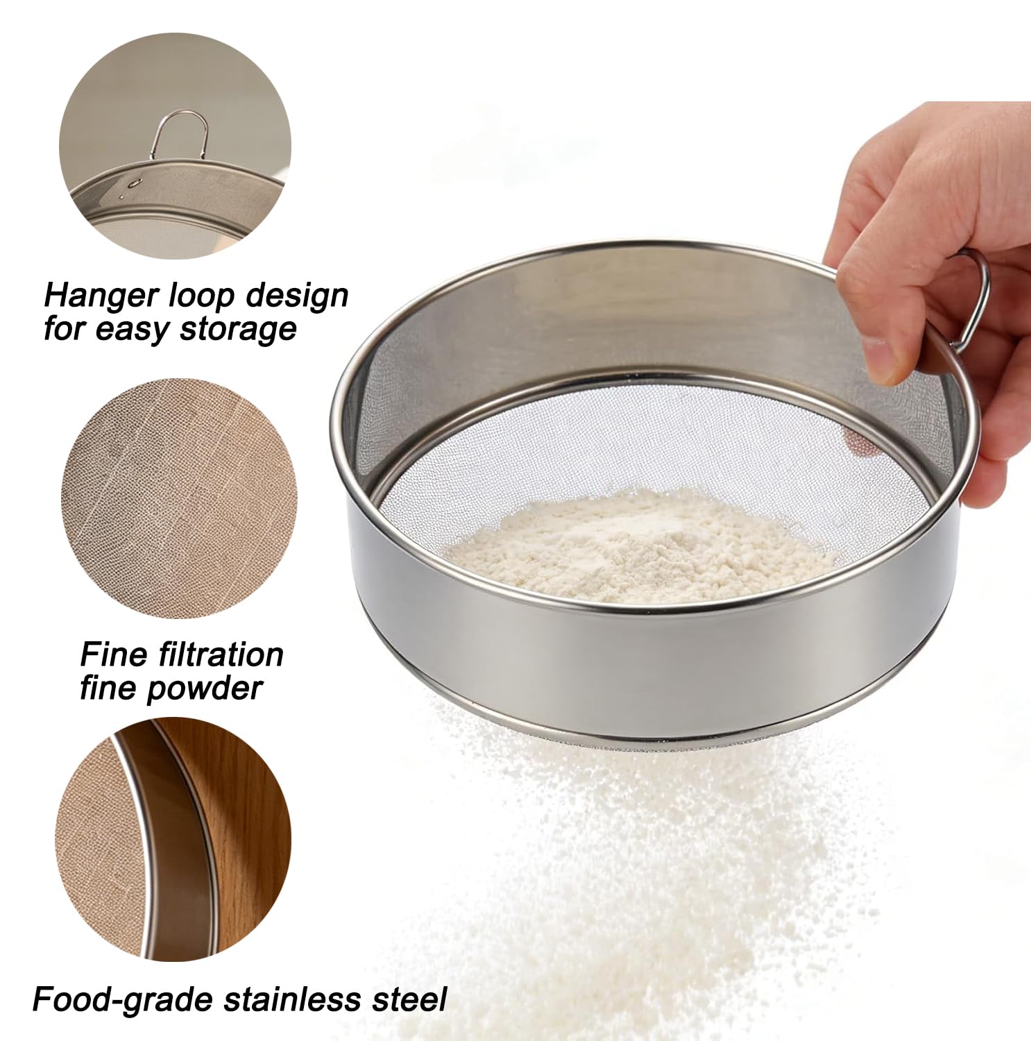 Feinmaschig Profi Mehlsieb, Mehlsieb Edelstahl, 50 Mesh Backen Sieb, 25 cm Feines Sieb set, Rundmehl Sieb, Feines, Mehl Sieben für Mehl,Reis,Getreide,Bohnen, (Silber)
