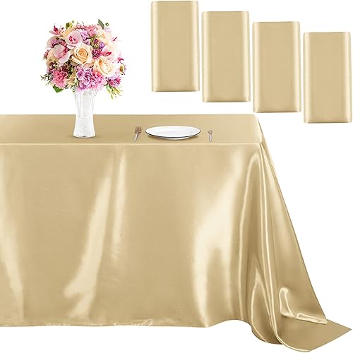 MCEAST 4 manteles de satén dorado de 102 x 58 pulgadas, mantel rectangular de seda brillante para fiestas, bodas, decoración de mesa de banquetes