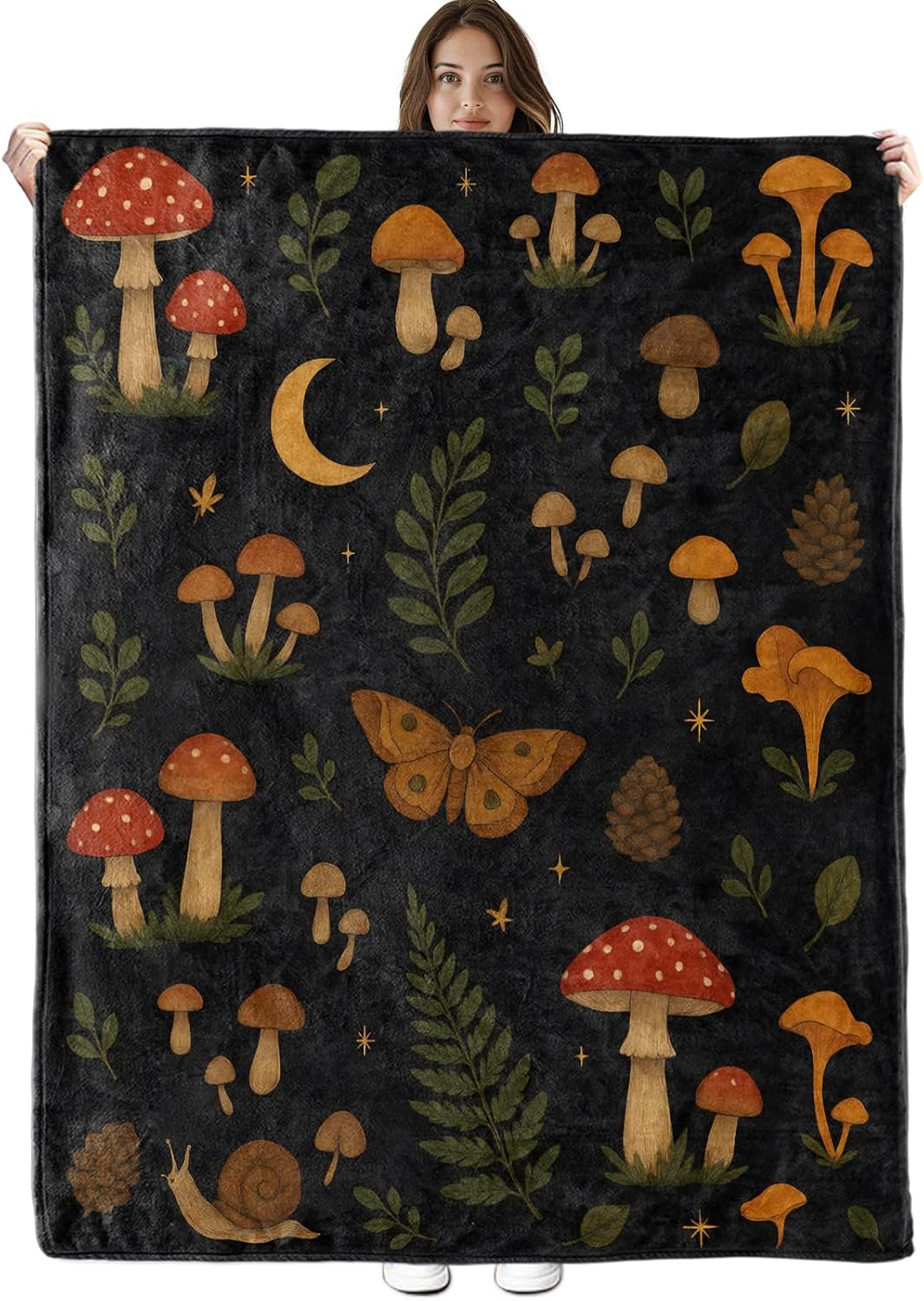 Forest Mushroom and Moth Blanket, Lightweight Cozy Leaves, Snails, Pinecones and Crescent Moon Throw Blanket Gifts for Women Men Kids, 60×80 Inch Soft Warm Flannel Throws for Bed Decor Travel Couch
