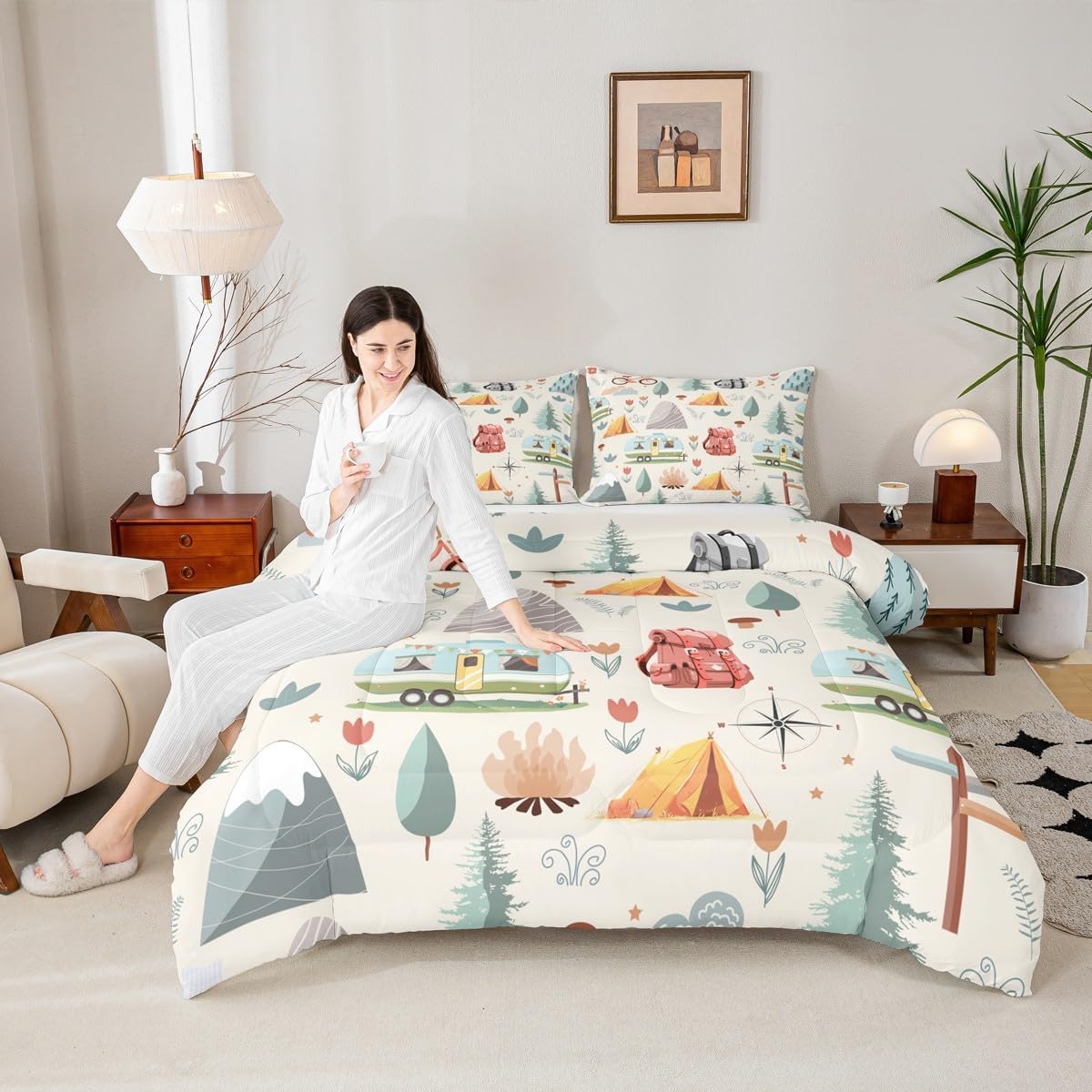 Erosebridal Summer Camp Camper Queen Comforter Set for Kids Child Camping Adventure Bedding Set for Boys Girls Bedroom Travel Car Rv Accessories Comforter Botanical Flowers Mountain Quilt