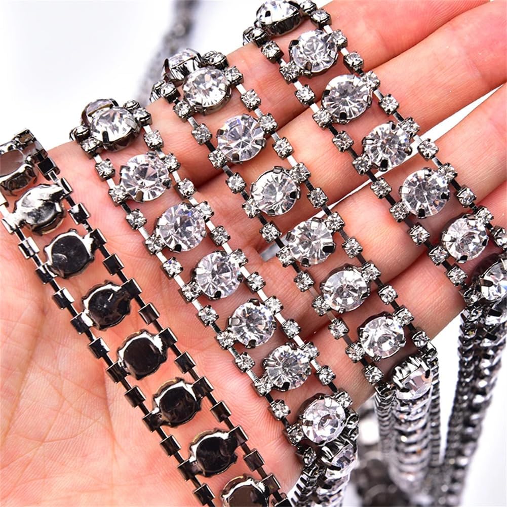 1Cm Width Rhinestone Clear Stone Crystal Cup Chain Wedding Metal Decorative Trim Sewing Accessories Gun Metal Color 5yards