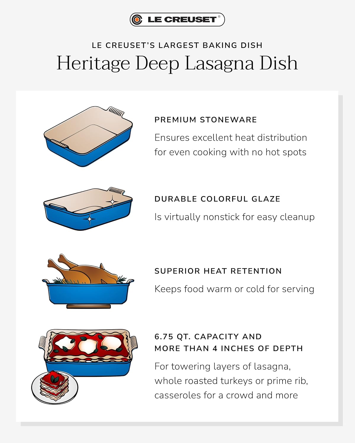 Le Creuset Stoneware Deep Rectangular Lasagna Dish, 6.75 qt., Nectar