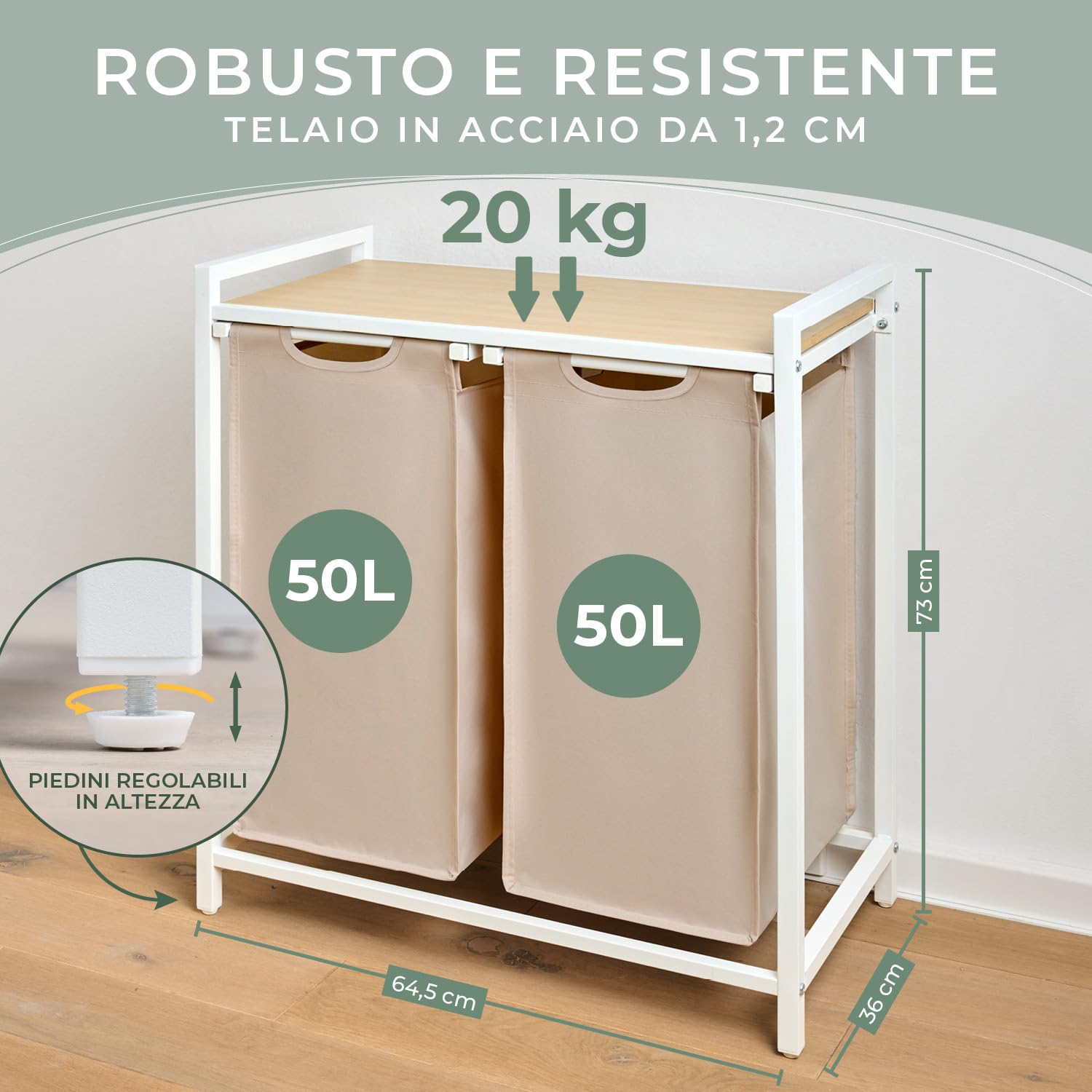 Blumtal cesto biancheria sporca 2 scomparti in grigio per organizzare - cesta portabiancheria 2 scomparti estraibili con ripiano superiore in materiale effetto cemento - struttura in metallo bianco