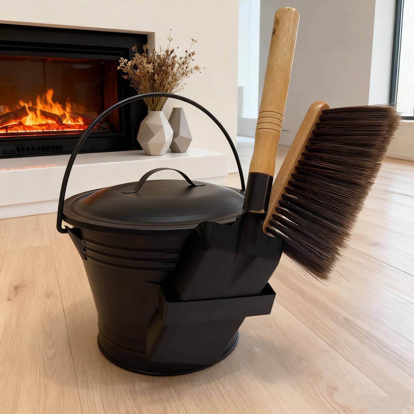 Secchio per Cenere Camino con Paletta Secchio Metallo con Coperchio Grande capacità Facile da Pulire Adatto Sia per Uso Interno Che Esterno