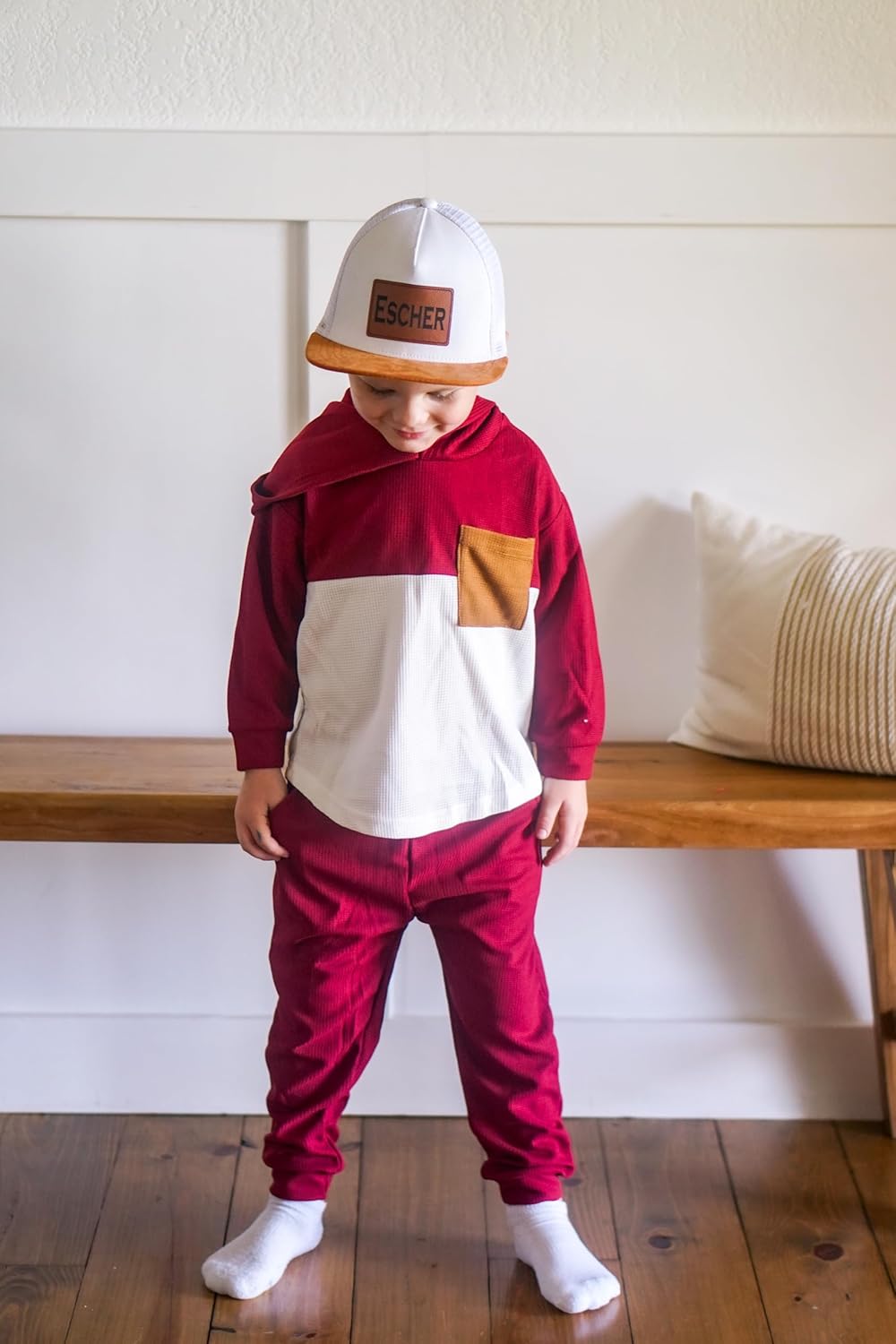 幼児 男の子 秋冬服 ワッフル フード付き スウェットシャツ トップス パンツ 衣装 カラーブロック 長袖服