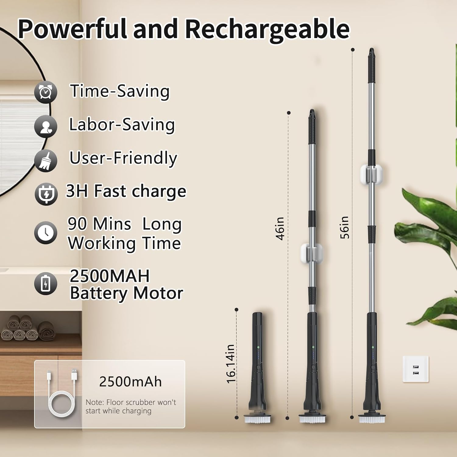 Electric Spin Scrubber, Hillyfe Bathroom Scrubber Electric with 7 Replaceable Brush Heads, IPX7 Waterproof,300/400 RPM, 3 Adjustable Length,Scrubber Brush Electric for Bathtub Floor,Black