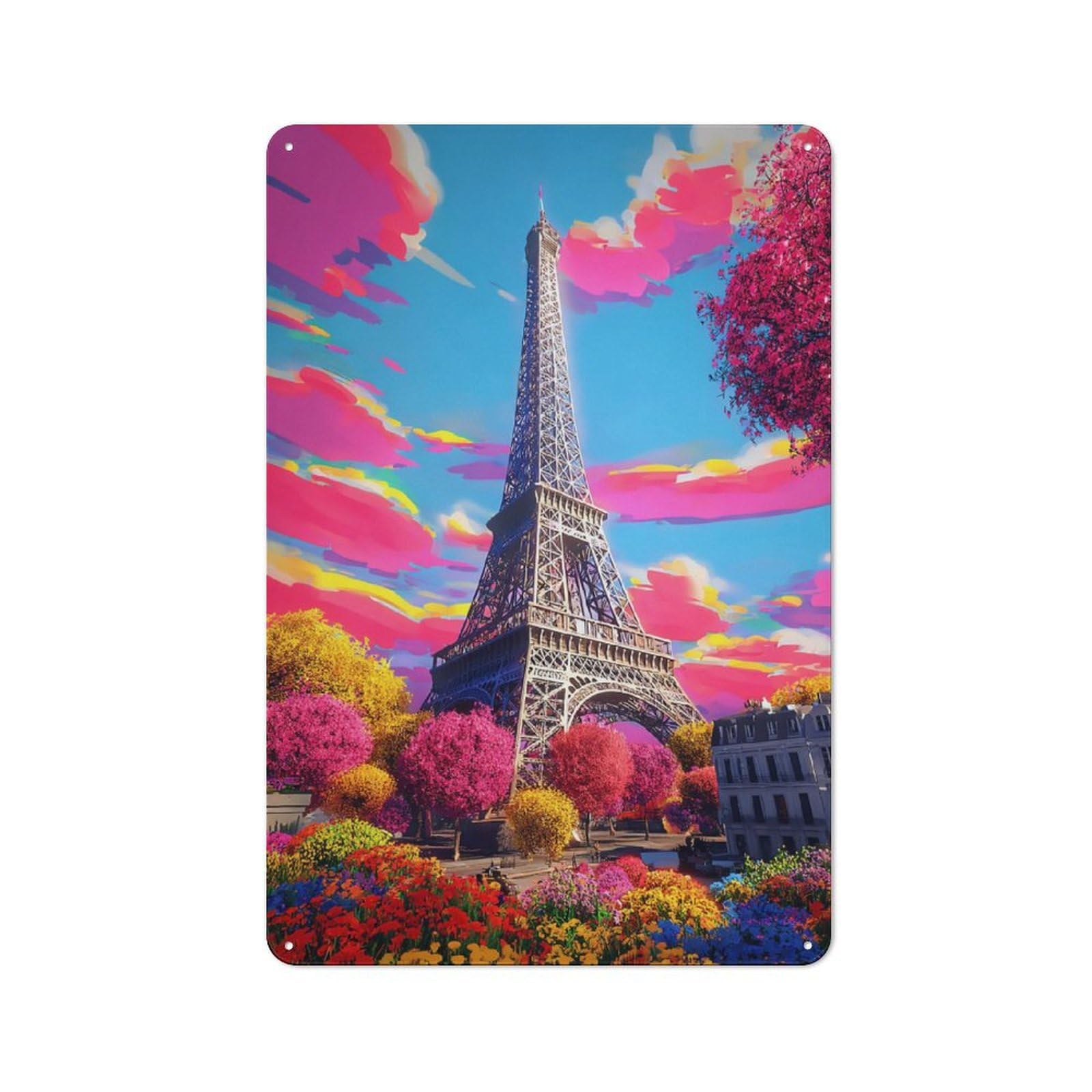 Retro Colorful Paris Eiffel Tower Scene Metal Sign 30x20cm, Classic Pub Decor for Cafe, Pub, Workshop Or Home Bar, for Casual British Interiors