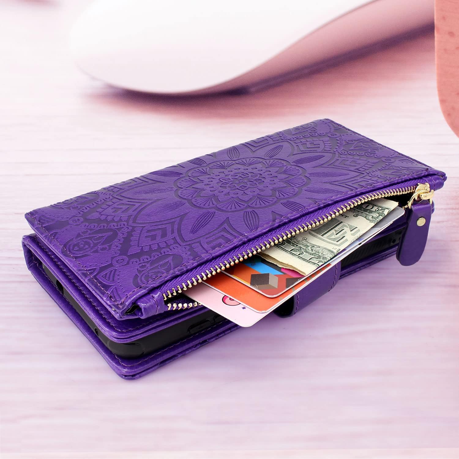 Harryshell Detachable Magnetic Zipper Wallet Leather Case with Cash Coin Pocket 12 Card Slots Holder Wrist Strap Lanyard for Samsung Galaxy S22 Ultra (2022) Flower (Purple)