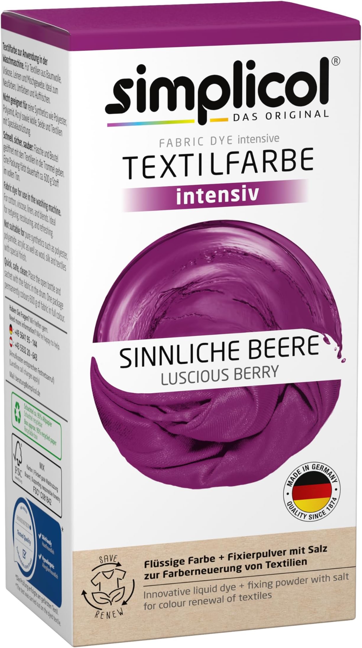 1 Pack, Luscious Berry 1806 : Simplicol fabric dye intensive (18 colours of fabric paint), Luscious berry 1806: Quality German clothing dye for the washing machine, fabric dyeing and fixing powder