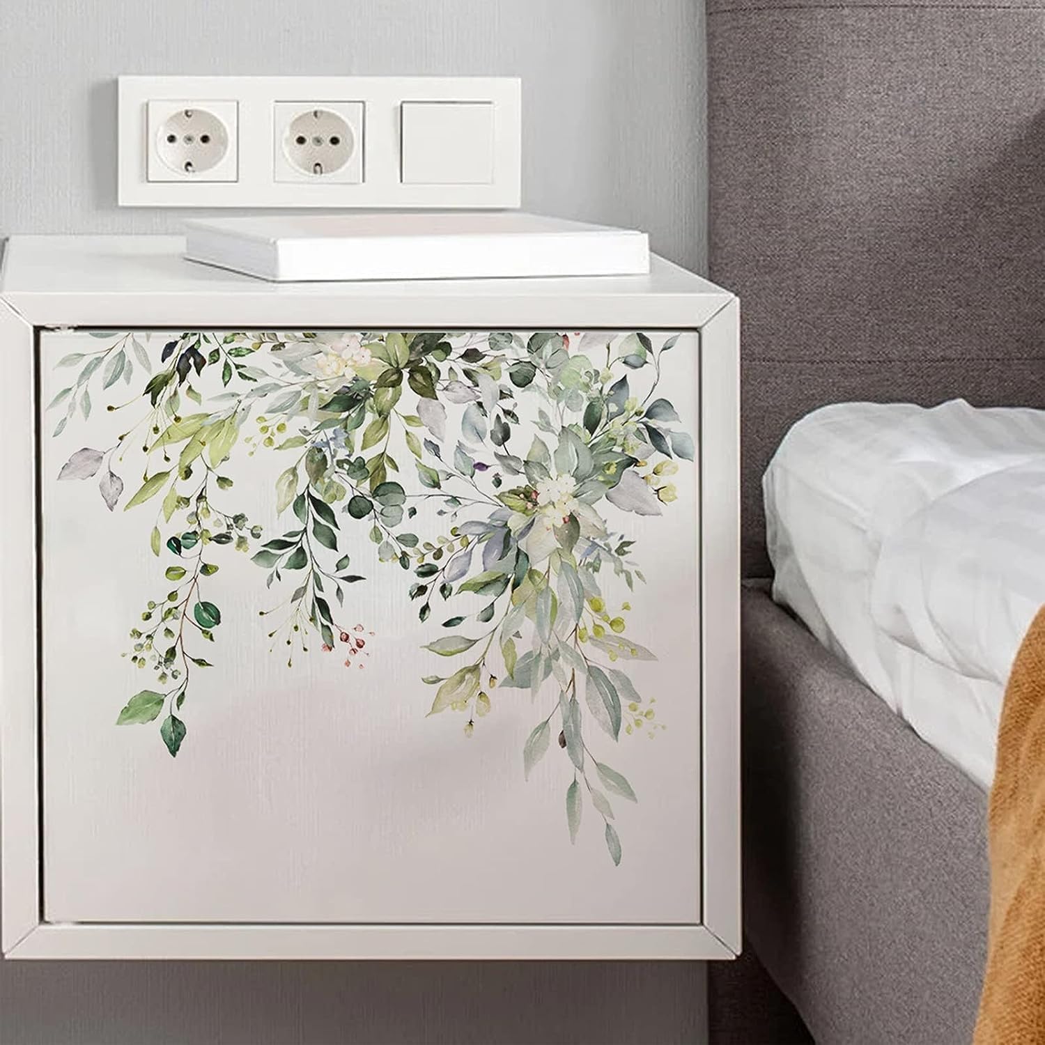 Green Leaf Floral Toilet Lid Decal, Self-Adhesive Bathroom Wall Sticker, Removable Waterproof Cistern Decoration