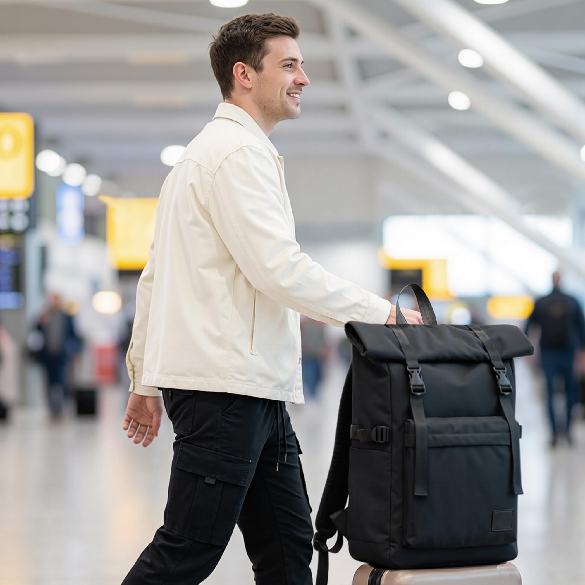 Zaino Elegante Grande per Uomo - 15.6 Pollici Computer Portatile con Cinghia Posteriore - Impermeabile per Ufficio, Viaggio, Campeggio, Lavoro, Escursionismo, Quotidiano - Nero