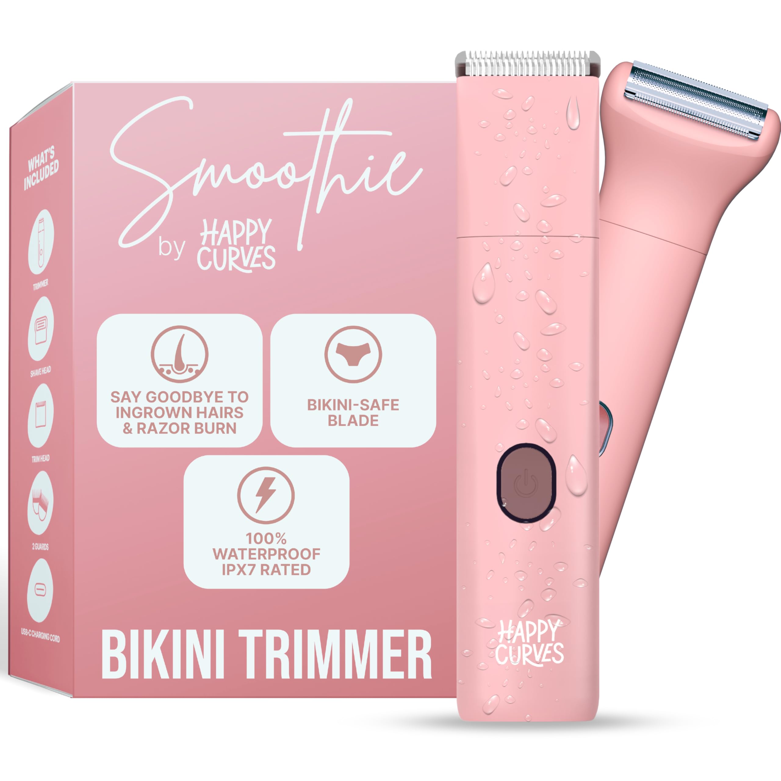 HAPPY CURVES Smoothie Tondeuse bikini – Rasoir électrique pour femme, toiletteur imperméable avec protections réglables, rasoir personnel pour poils pubiens, rasoir intime pour femme et tondeuse pour