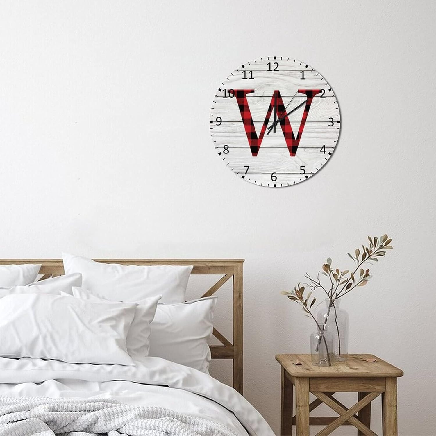Home Decor Wood Wall Clock,Red and Black Buffalo Plaid Initial Letter W Retro Silent Non-Ticking Battery Operated Rustic Wooden Clock 12 Inch Wall Art for Living Room Bedroom Cafe Pub