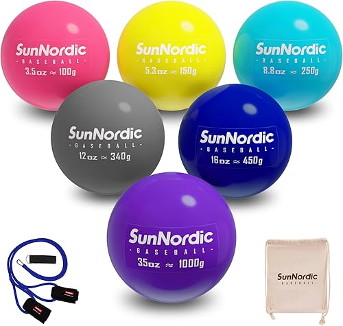 SunNordic Paquete de 69 unidades de béisbol pliométrico con peso (3.5-16355370 onzas) con banda de cuidado de brazo de resistencia de 253550 libras