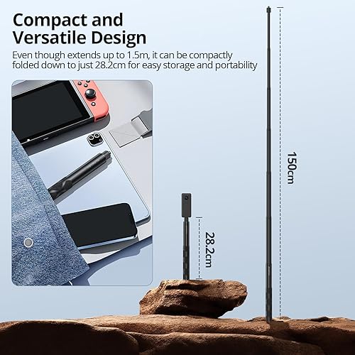 Miniatura 23 de ATUMTEK Palo selfie invisible de 45 pulgadas, poste monopie extendido de 1/4 pulgadas, diseño sólido y compacto para Insta360, para GoPro, DJI