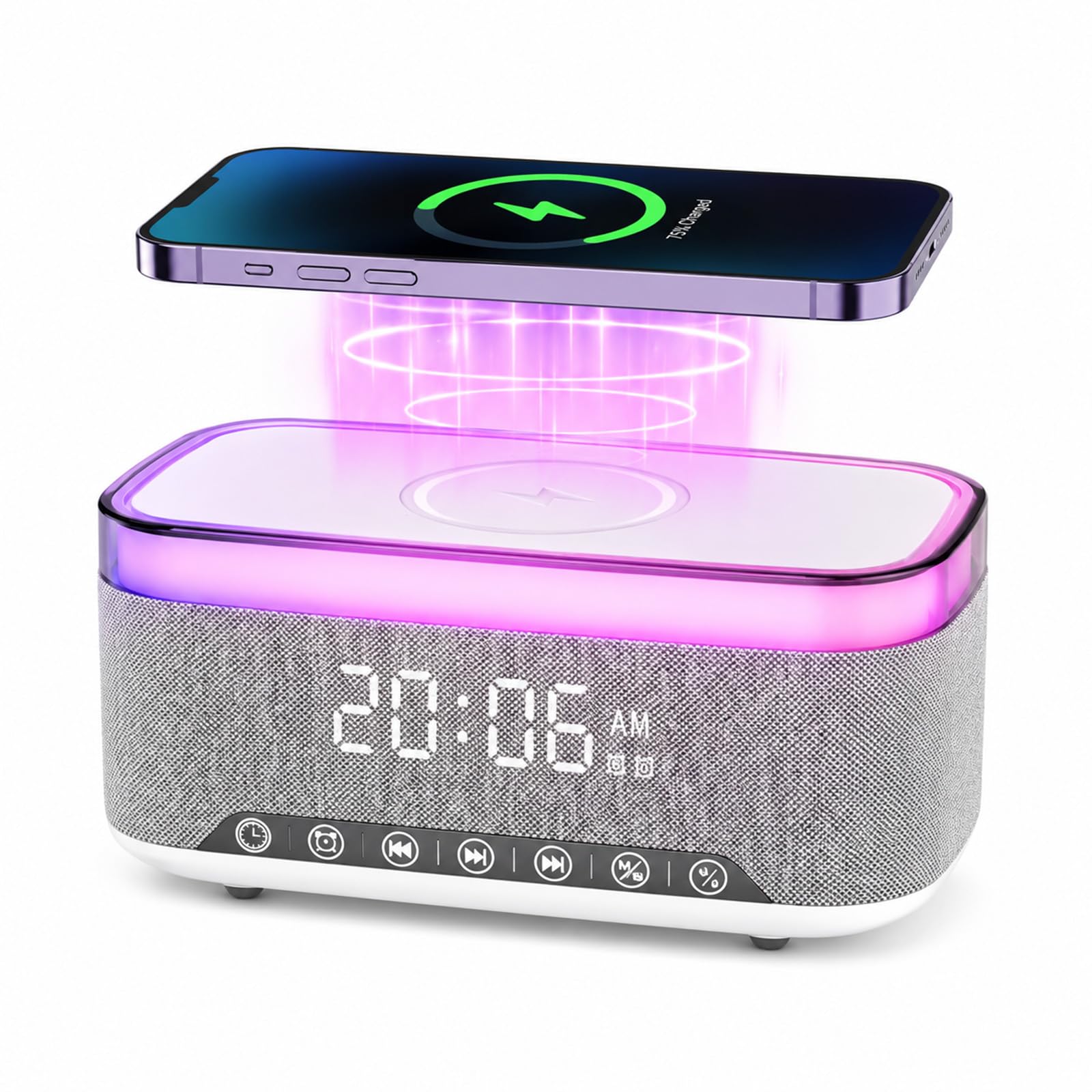 Reloj Despertador y generador de Sonidos, Cargador inalámbrico rápido de 15W, máquina de Ruido Blanco, Altavoz Bluetooth, Radio FM y luz Nocturna de 13 Colores. Ideal para dormitorios.