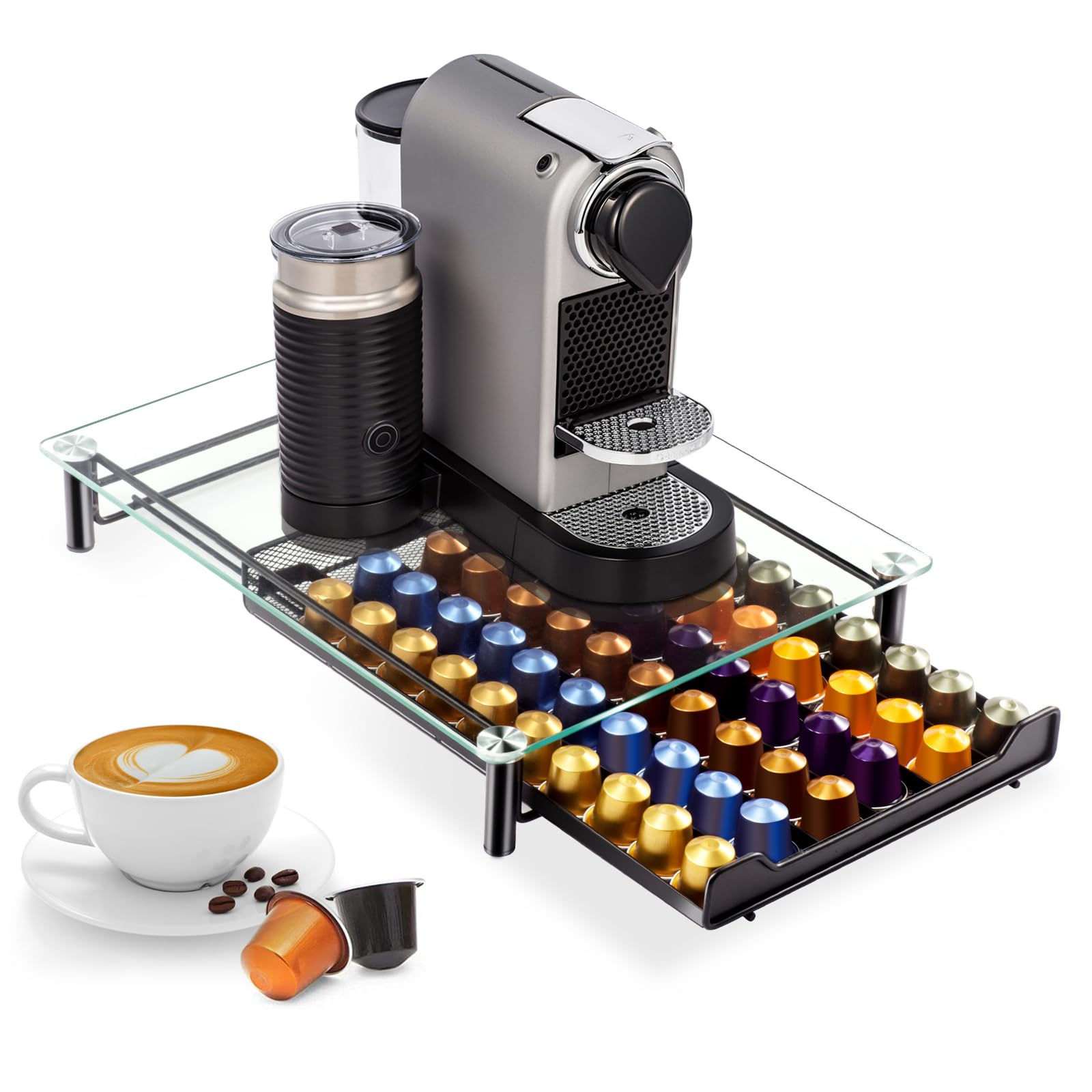 Masthome Coffee Capsule Holder 60PCS Pod Storage Drawer & Coffee Machine Stand-with Extra 1PC Cleaning Cloth
