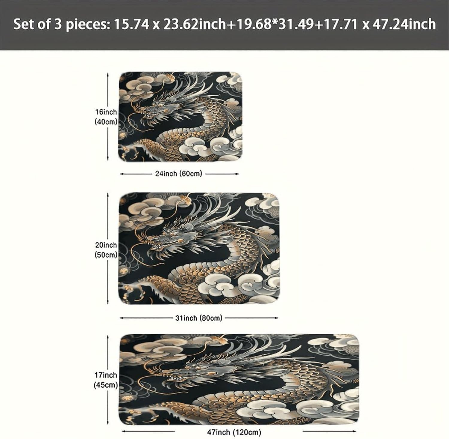 Black Oriental Dragon 3-Piece Kitchen Rug Indoor Door Mat | Non-Slip Kitchen Mat for Profile Absorbent, Moisture-Wicking and Breathable for Bathroom Laundry Room Bedroom Home Decor