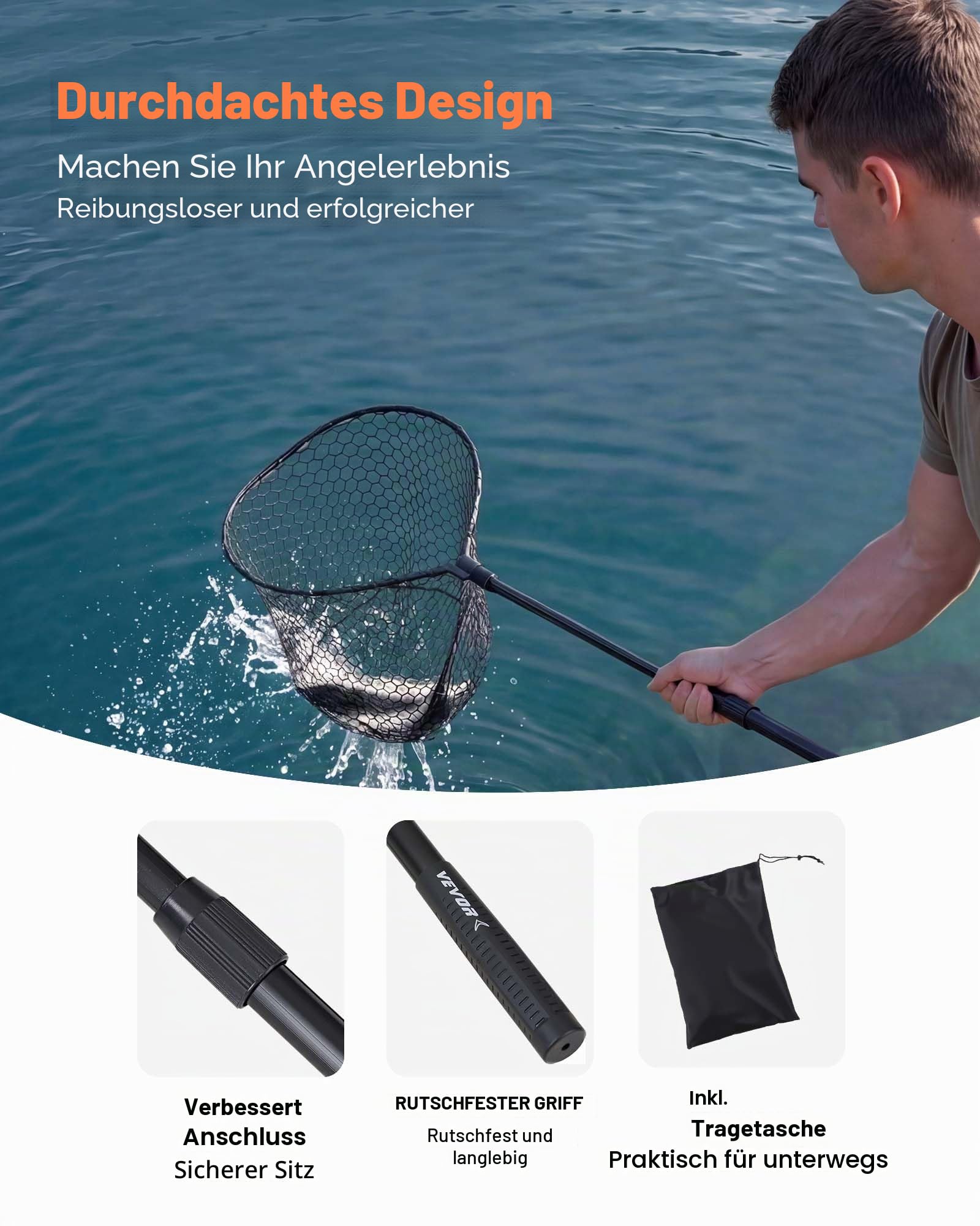 VEVOR Angelkescher Teleskopisch 143 cm, Unterfangkescher mit Fischschonendem Fischnetz aus Silikon (20 mm Maschenweite), Kescherstange aus 6063 Aluminiumlegierung mit Rutschfestem PE Griff