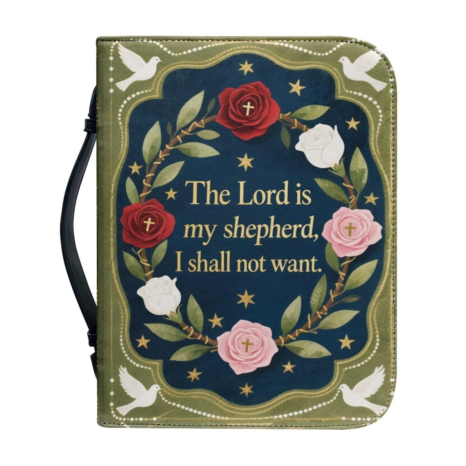 Kuiaobaty Pigeon Roses Bible Case with Handle Inspired Lord Saying Leather Book Bag, Lord is My Shepherd, Bible Cover for Women, Green,2XL — image 1