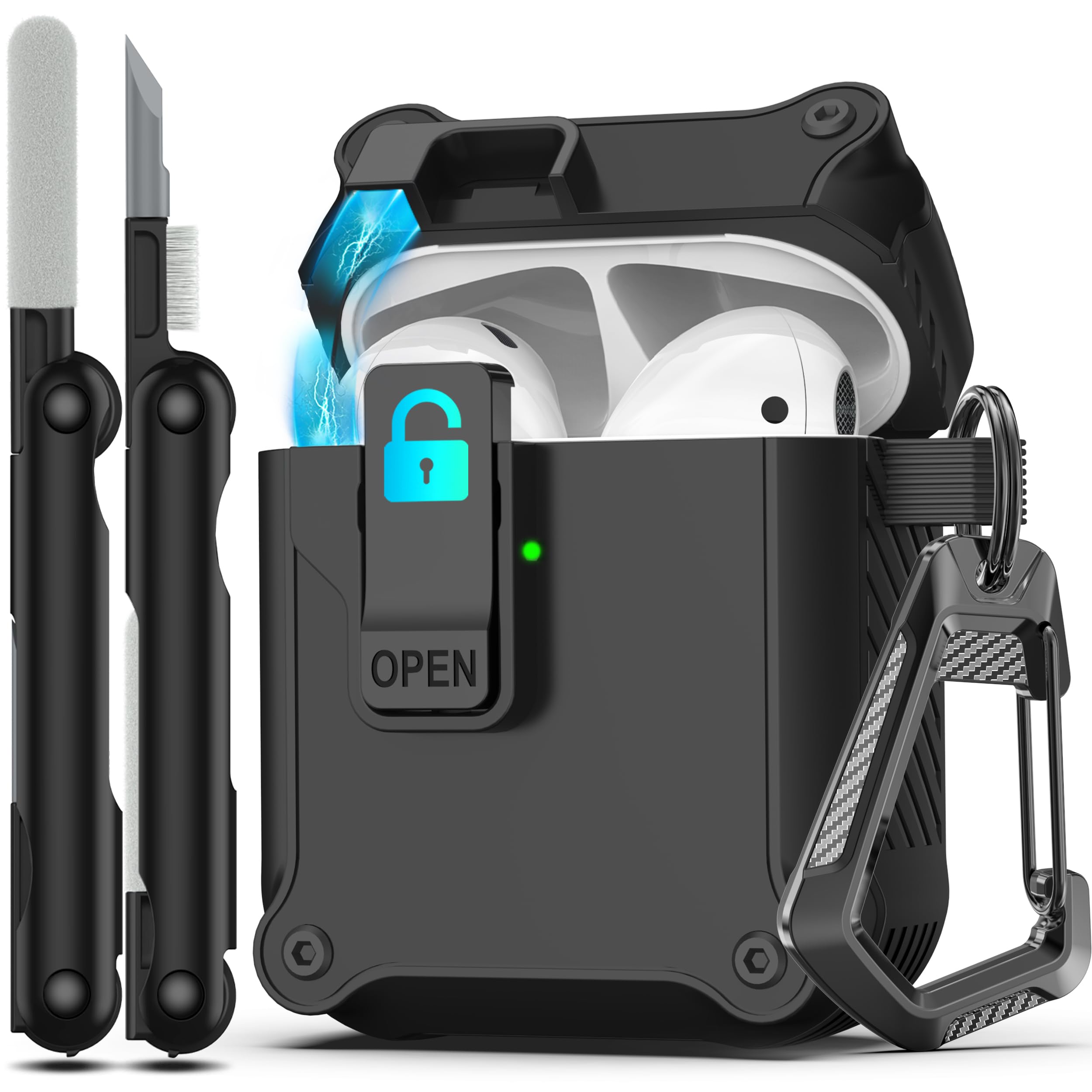 RFUNGUANGO for Airpods 2nd and 1st Generation Protective Cases Automatic Pop-up with Safety Lock Clip, Full Body Shockproof Hard Case with Keychain (Cleaning Tool) - Black