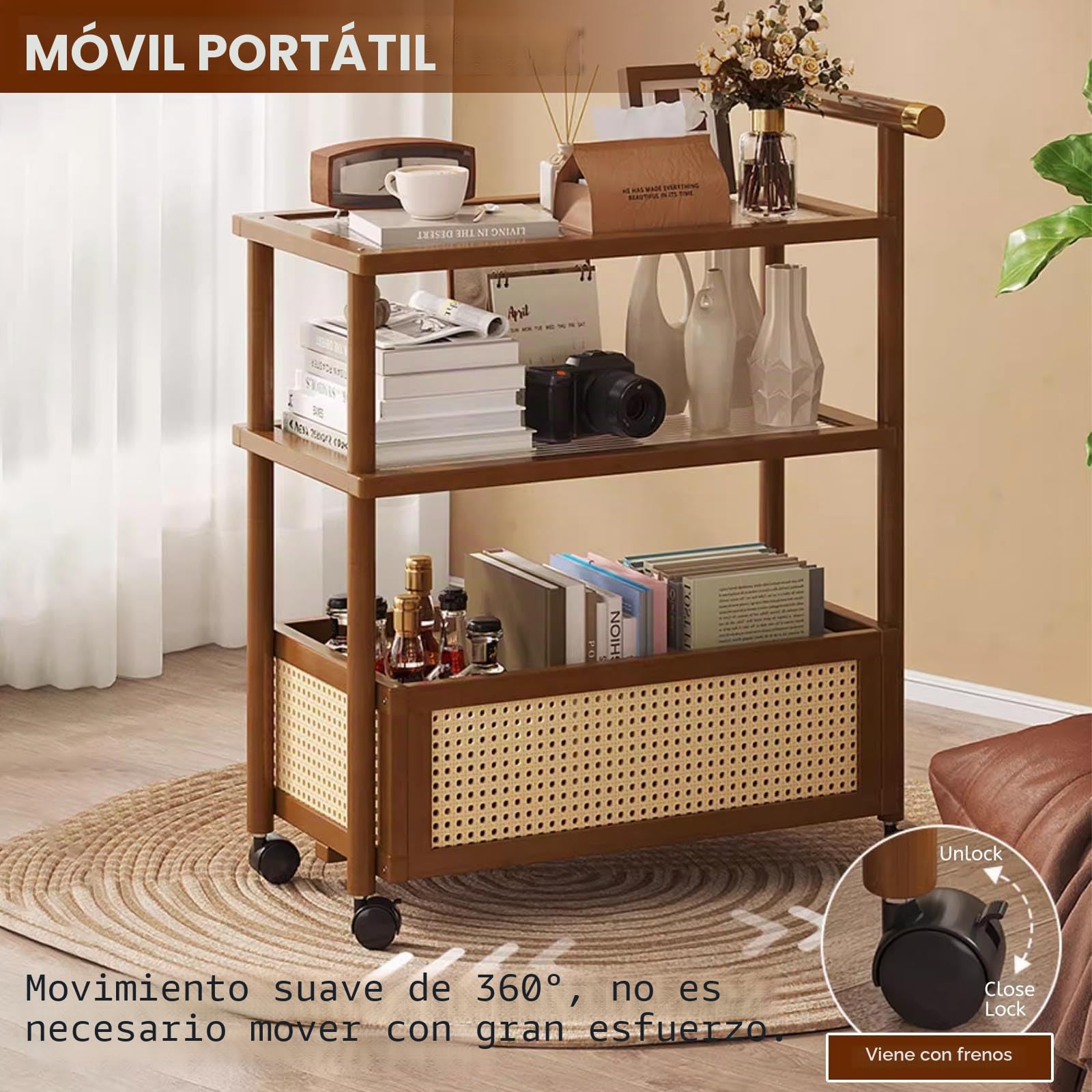 Mesa Auxiliar Salon Con Ruedas De Bambú Mesas Auxiliares for Espacios Pequeños for Salon End Table Con Almacenamiento for Salón Y Dormitorio,Diseño Estable Con Ruedas Silenciosas,Para Sofá Y Cama(Brow