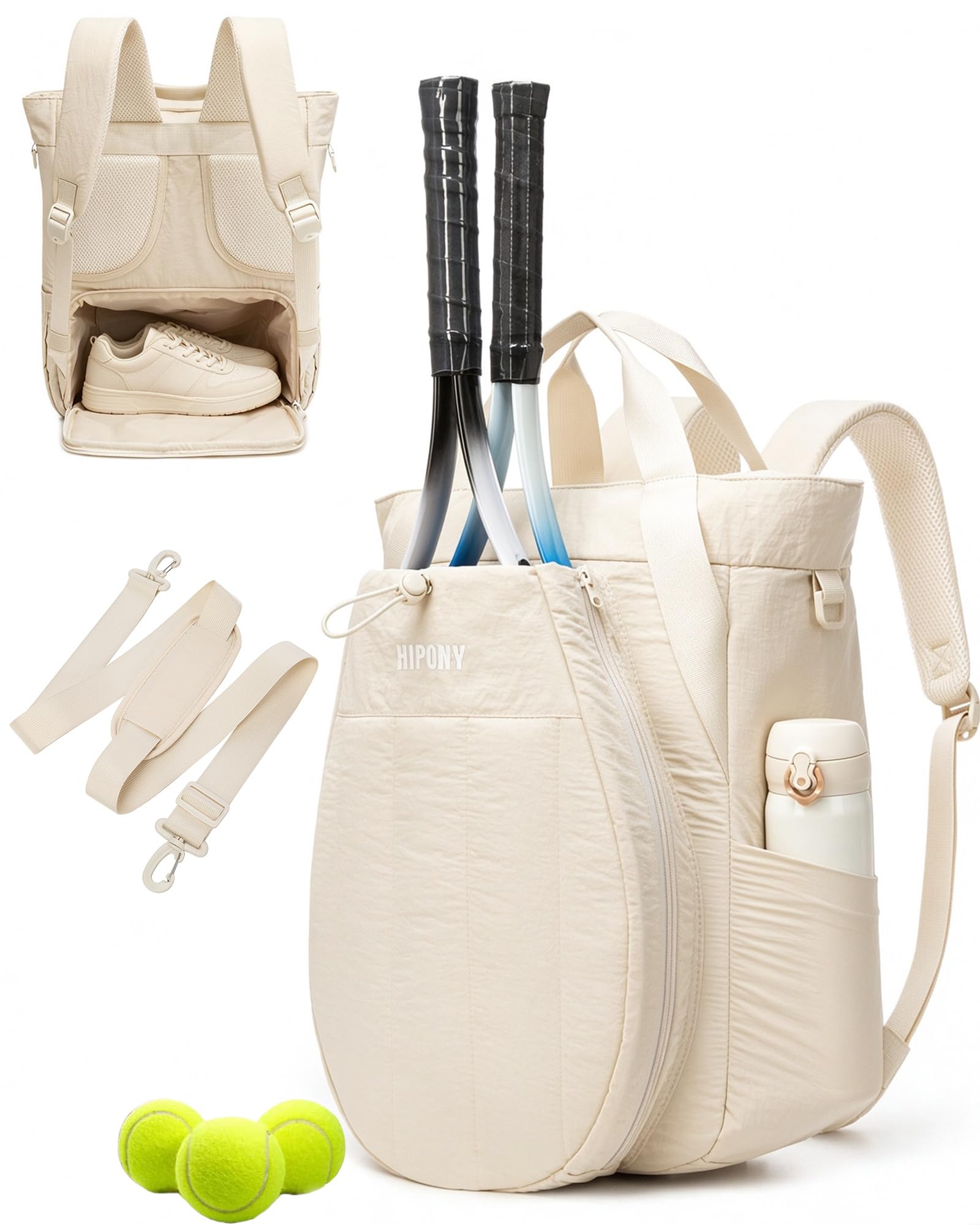HIPONY Tennis Bag for Women, Pickleball Bag 3-in-1 Convertible Racket Bag | Quilted water-resistant polyester, holds 2 rackets, shoe compartment, 2 side bottle pockets, 3-in-1 convertible