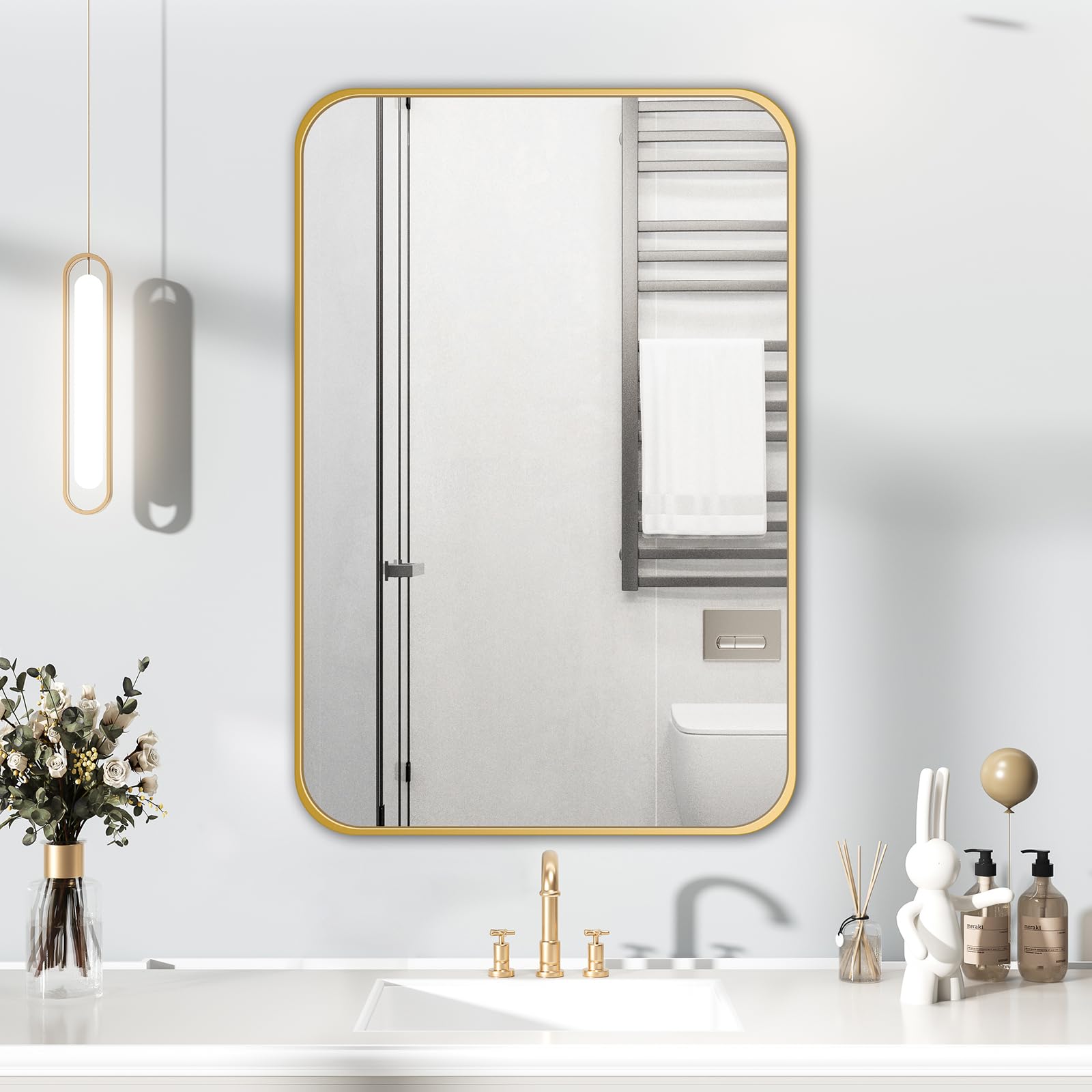 HIGHBATH Gold Frame Mirror 60 x 80 cm, Large Bathroom Wall Mirrors, Rectangular Bathroom Wall Mounted Mirror Hanging Horizontal/Vertical — image 1