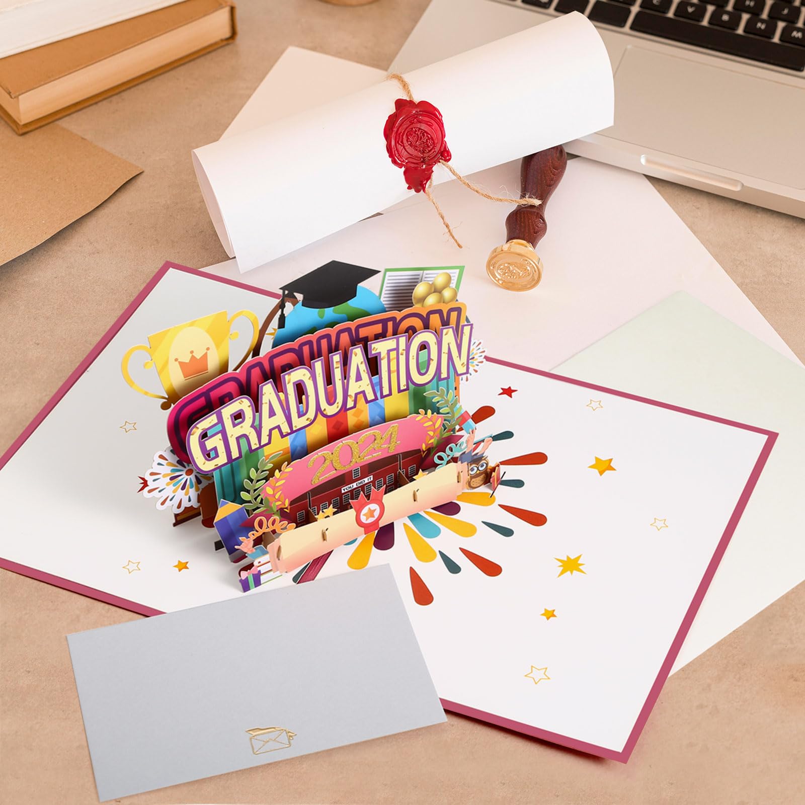 Carte De Félicitations 3D Pop-up Pour Diplôme + 3 Boîtes Cadeaux Chapeau - Lot Complet Pour Remise De Diplôme - 11