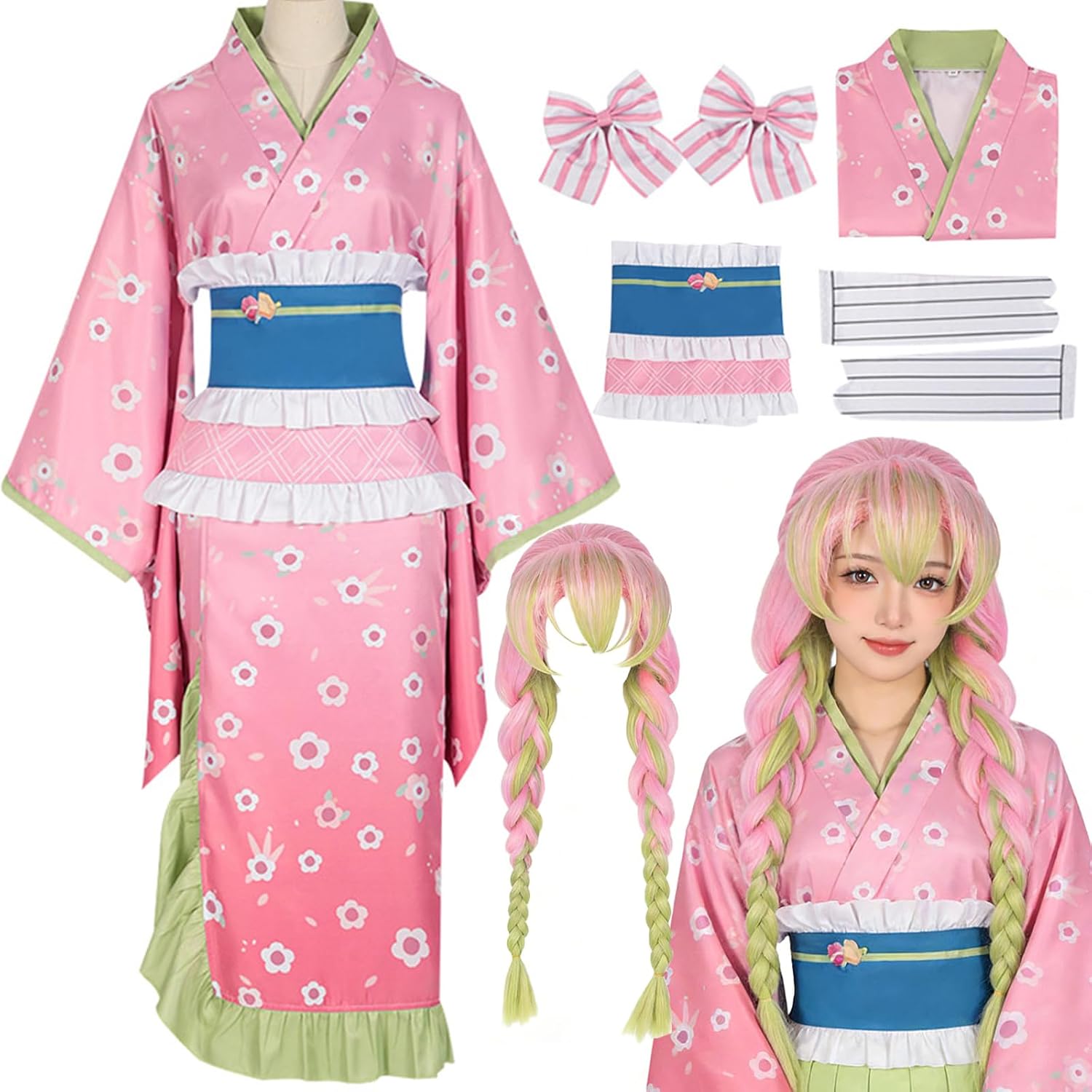 Kanroji Mitsuri Costume Kimono Outfit Uniform Women Pink Halloween Suit Adult