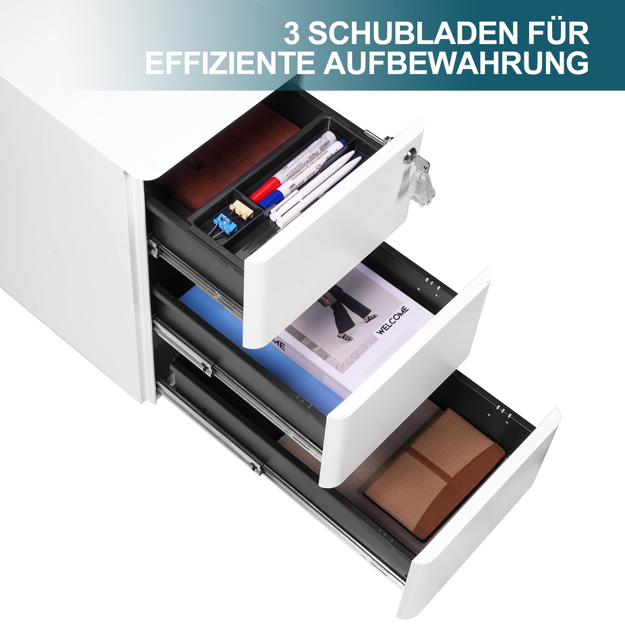Rollcontainer, Aktenschrank, Schubladenschrank, Büroschrank aus Metall, Vormontiert, Abschließbarer, 4 Schlüsseln,Büro, Homeoffice