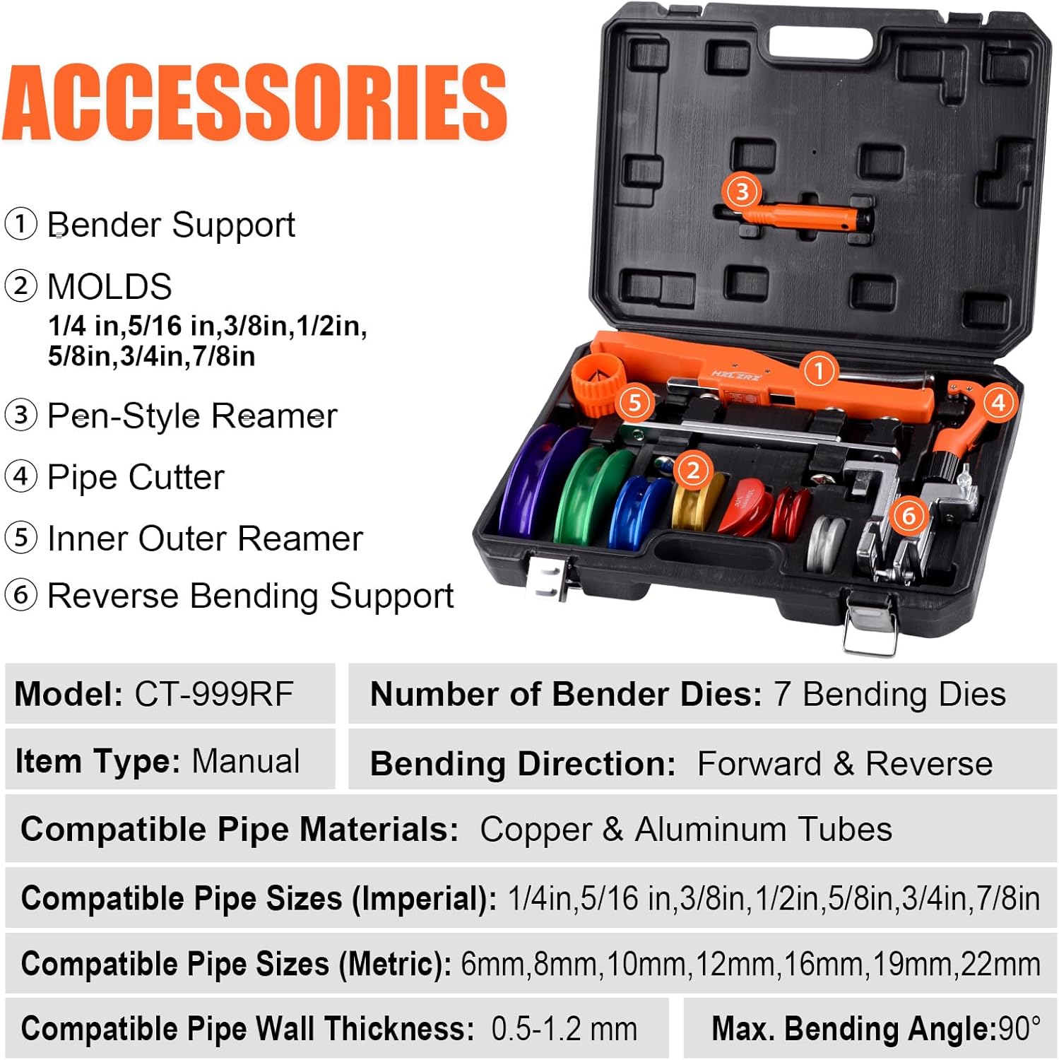 HZLZRZ 90 Degree Ratcheting Tube Bender Set - 7 Color-Coded Heads for 1/4" to 7/8" O.D.Copper Pipe, Includes Forward and Reverse Bending Adapters, Portable Case for HVAC and Plumbing Repair