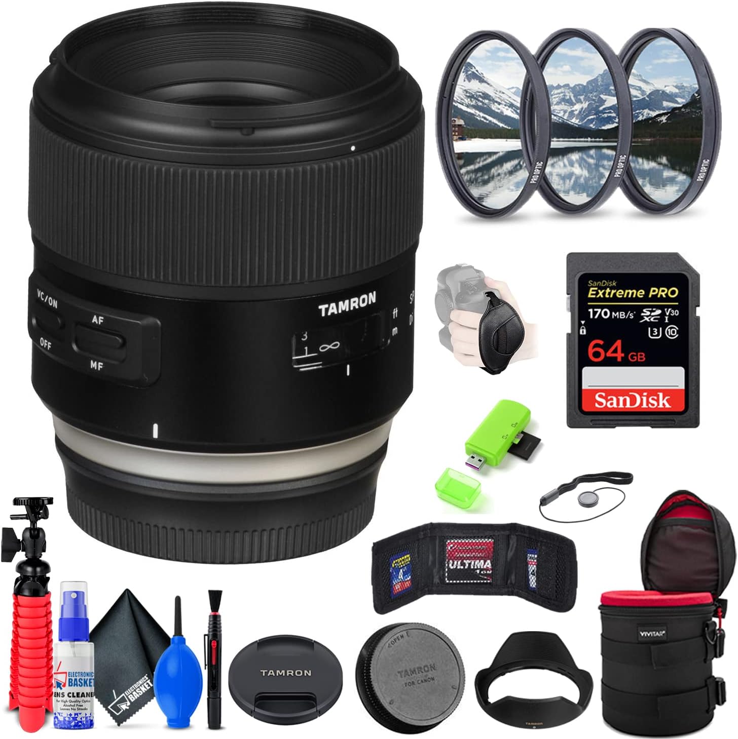 Tamron SP 35mm f/1.8 Di VC USD Lens Compatible with Nikon F (INTL Model) with 64GB Extreme Pro SD Card + 67mm Filter Set + 6-Inch Lens Case + Memory Card Wallet + SD Card Reader + Strap + Cleaning Kit