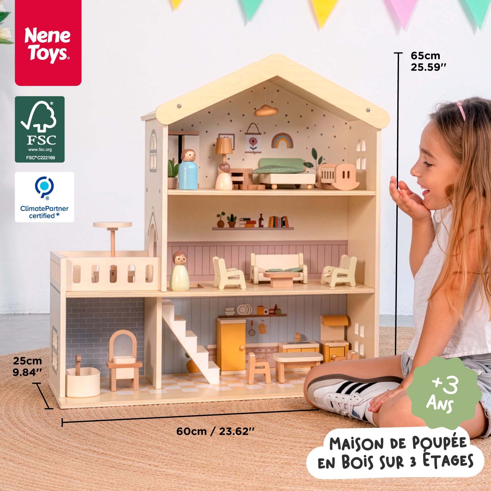 Nene Toys Maison de Poupée en Bois avec Meubles, 3 Étages, Dès 3 Ans