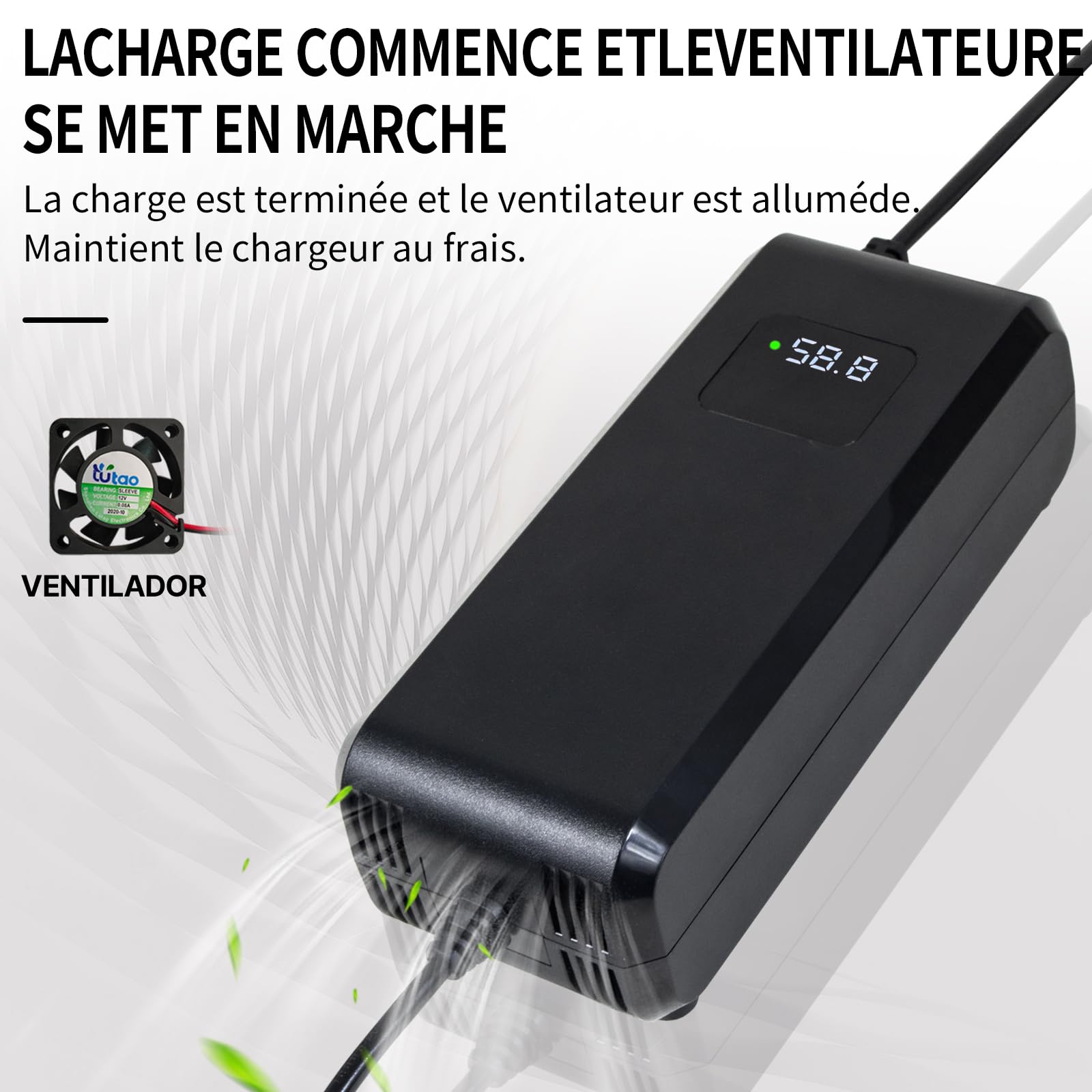 Chargeur Batterie 58.8V 4A, pour Batterie Lithium 52V 48V, avec Affichage LED et Multiples Fonctions de Protection et de réparation, équipé de connecteurs GX16 12mm