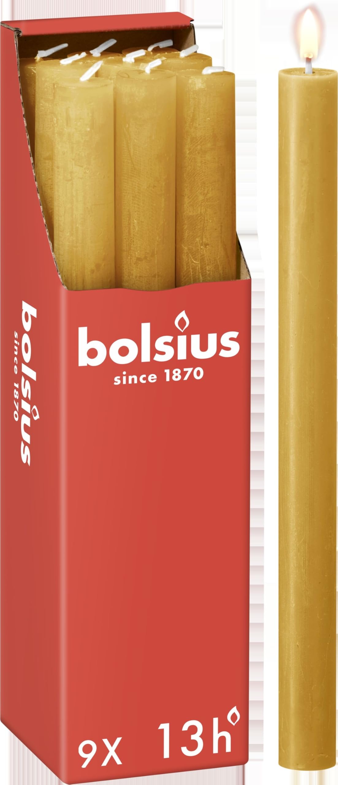 Bolsius Rustic Dinner Candles - Yellow - Pack of 9 - Long Burning Time of 13 Hours - Household Candle - Interior Decoration - Unscented - Includes Natural Vegan Wax - 27 x 2.3 cm