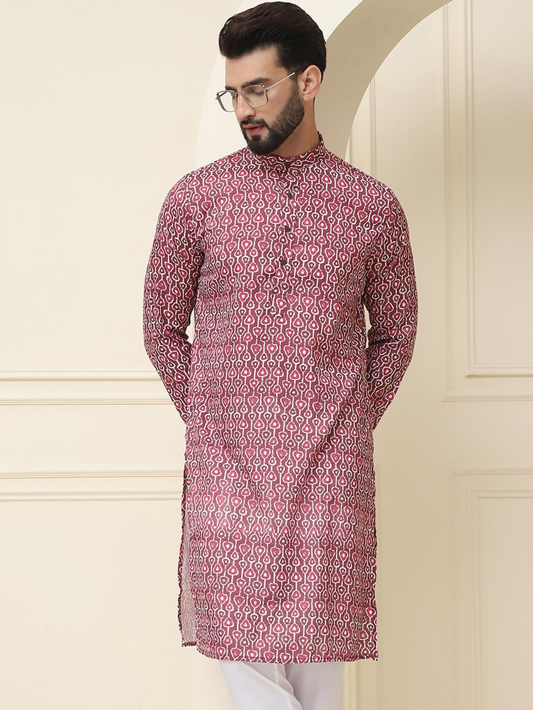 Sojanya (Since 1958 Men's Pure Cotton Brown & Pink Printed Only Long Kurta