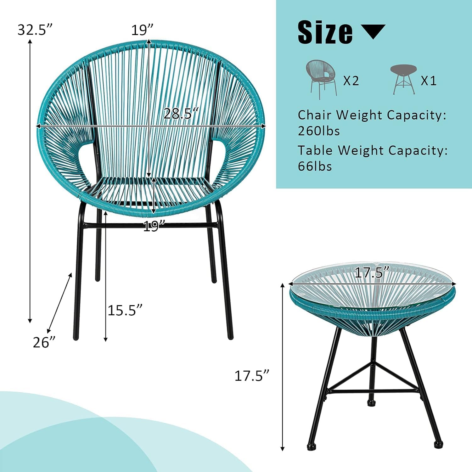 HAPPYGRILL 3-Pieces Patio Bistro Set, Outdoor Furniture Set Acapulco Chairs with Plastic Rope, Tempered Glass Table, All Weather Patio Furniture for Balcony, Porch, Garden, Backyard